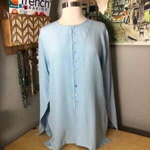 YENMAX Silk Blouse Women's size M Light Blue Button Up Tunic